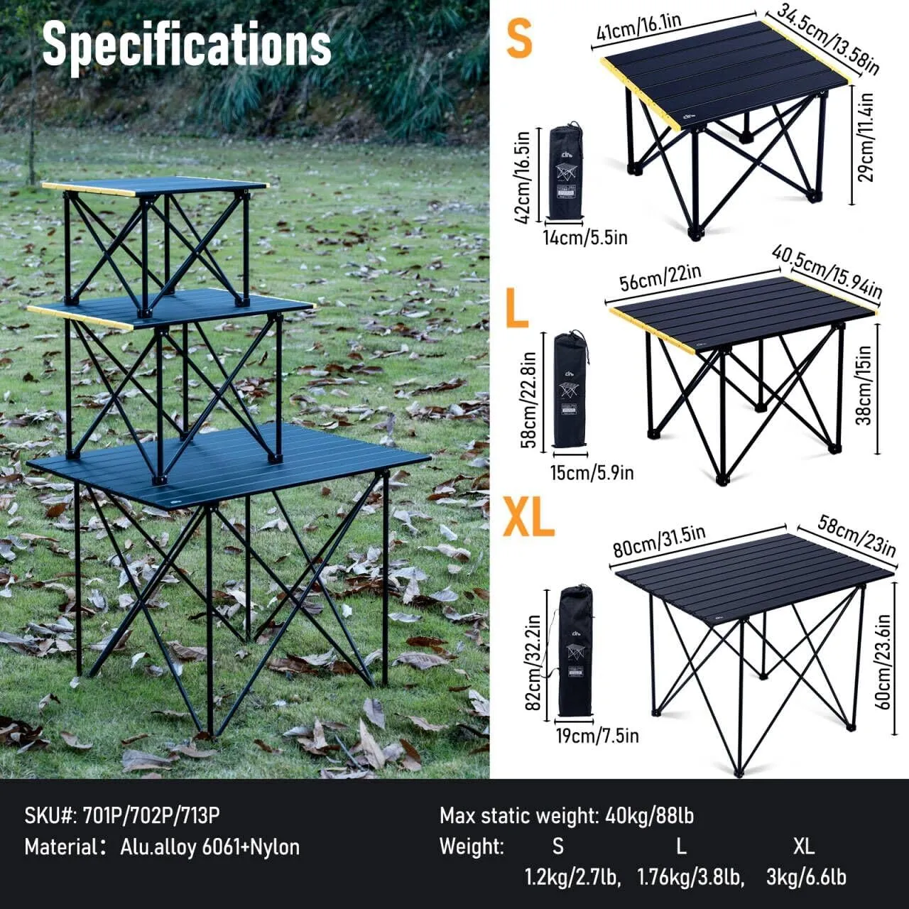 iClimb Ultralight Compact Camping Folding Table with Carry Bag (Reinforced Black - XL)