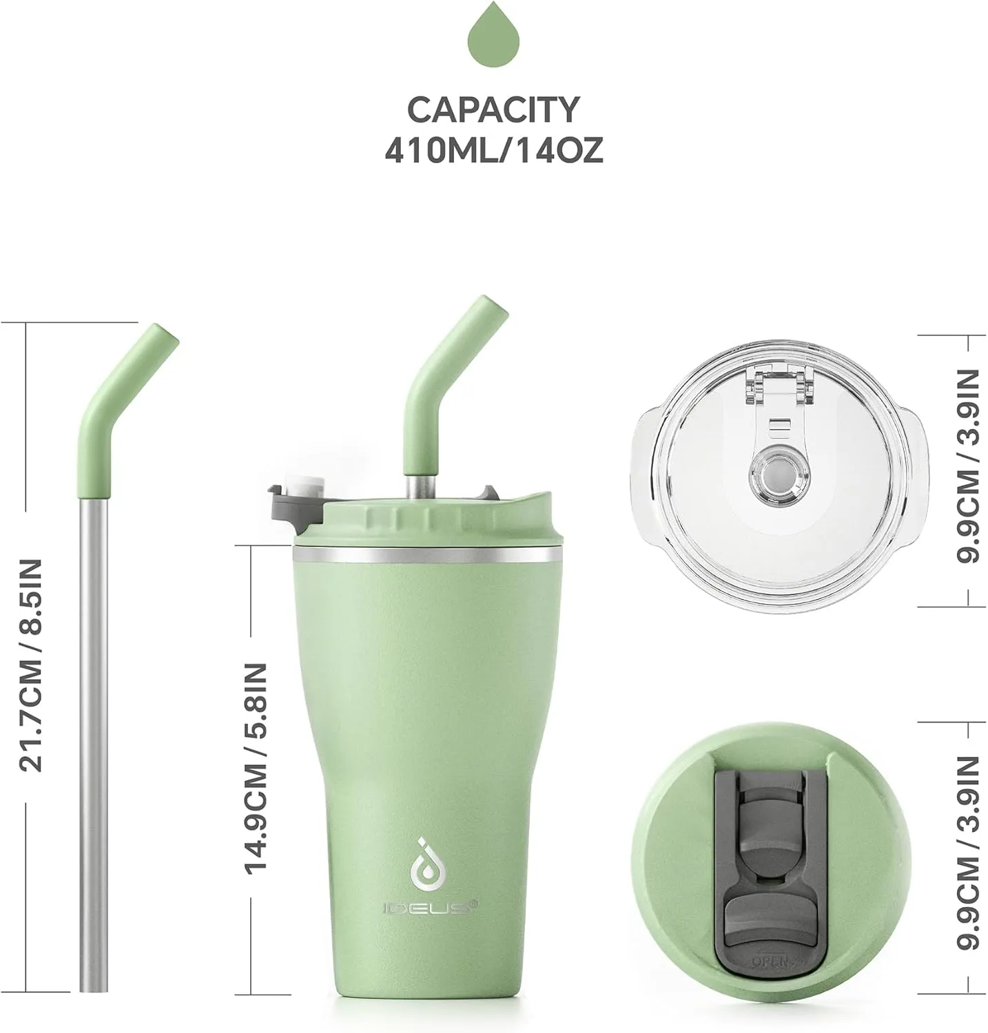 Ideus 14oz Stainless Steel Leak Proof Tumbler, Insulated Coffee Mug with Lid and Straw, Spill Proof Travel Coffee Cup, Double Wall Vacuum Flask for Adult Men and Women, Avocado Green