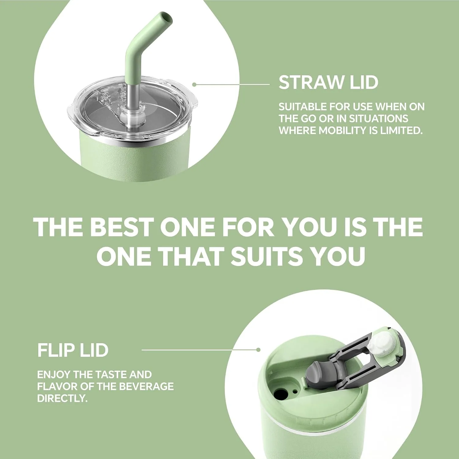 Ideus 14oz Stainless Steel Leak Proof Tumbler, Insulated Coffee Mug with Lid and Straw, Spill Proof Travel Coffee Cup, Double Wall Vacuum Flask for Adult Men and Women, Avocado Green