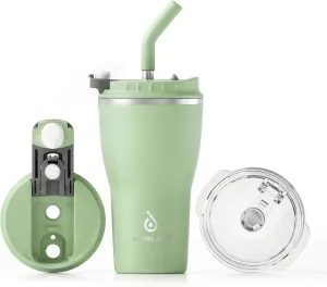 Ideus 14oz Stainless Steel Leak Proof Tumbler, Insulated Coffee Mug with Lid and Straw, Spill Proof Travel Coffee Cup, Double Wall Vacuum Flask for Adult Men and Women, Avocado Green