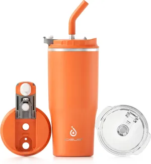 Ideus 24oz Insulated Travel Coffee Tumbler, Coffee Cups with Lids and Straw, Stainless Steel Coffee Mug, Double Wall Vacuum Flask for Adult Men and Women, Orange Tiger