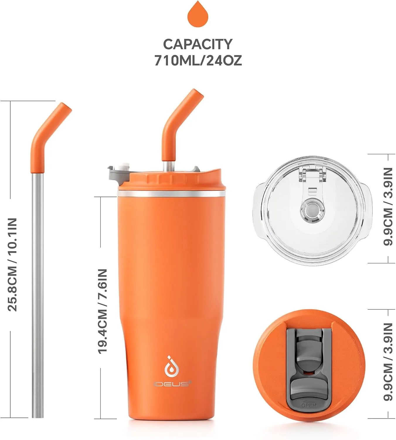 Ideus 24oz Insulated Travel Coffee Tumbler, Coffee Cups with Lids and Straw, Stainless Steel Coffee Mug, Double Wall Vacuum Flask for Adult Men and Women, Orange Tiger