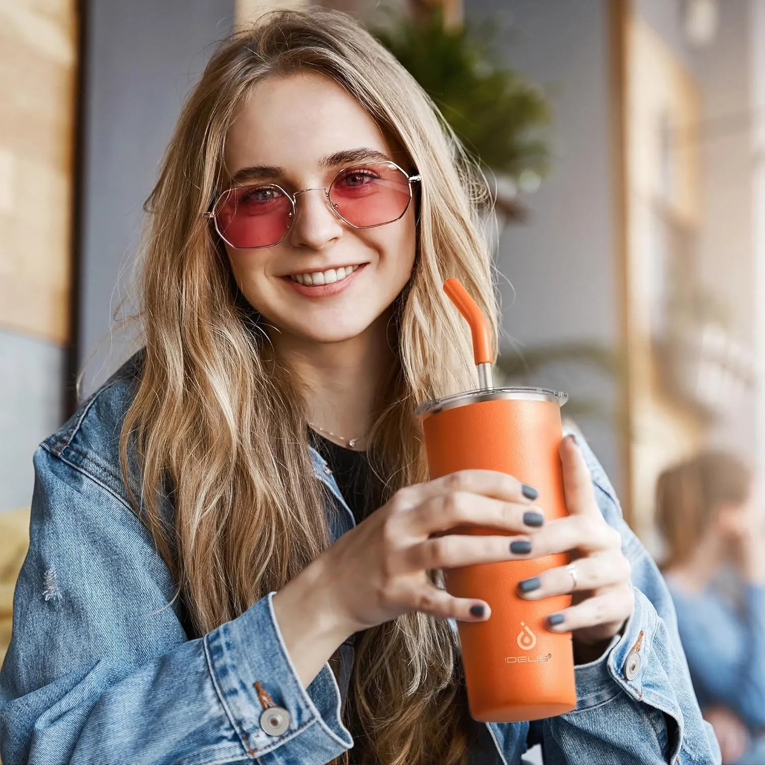 Ideus 24oz Insulated Travel Coffee Tumbler, Coffee Cups with Lids and Straw, Stainless Steel Coffee Mug, Double Wall Vacuum Flask for Adult Men and Women, Orange Tiger