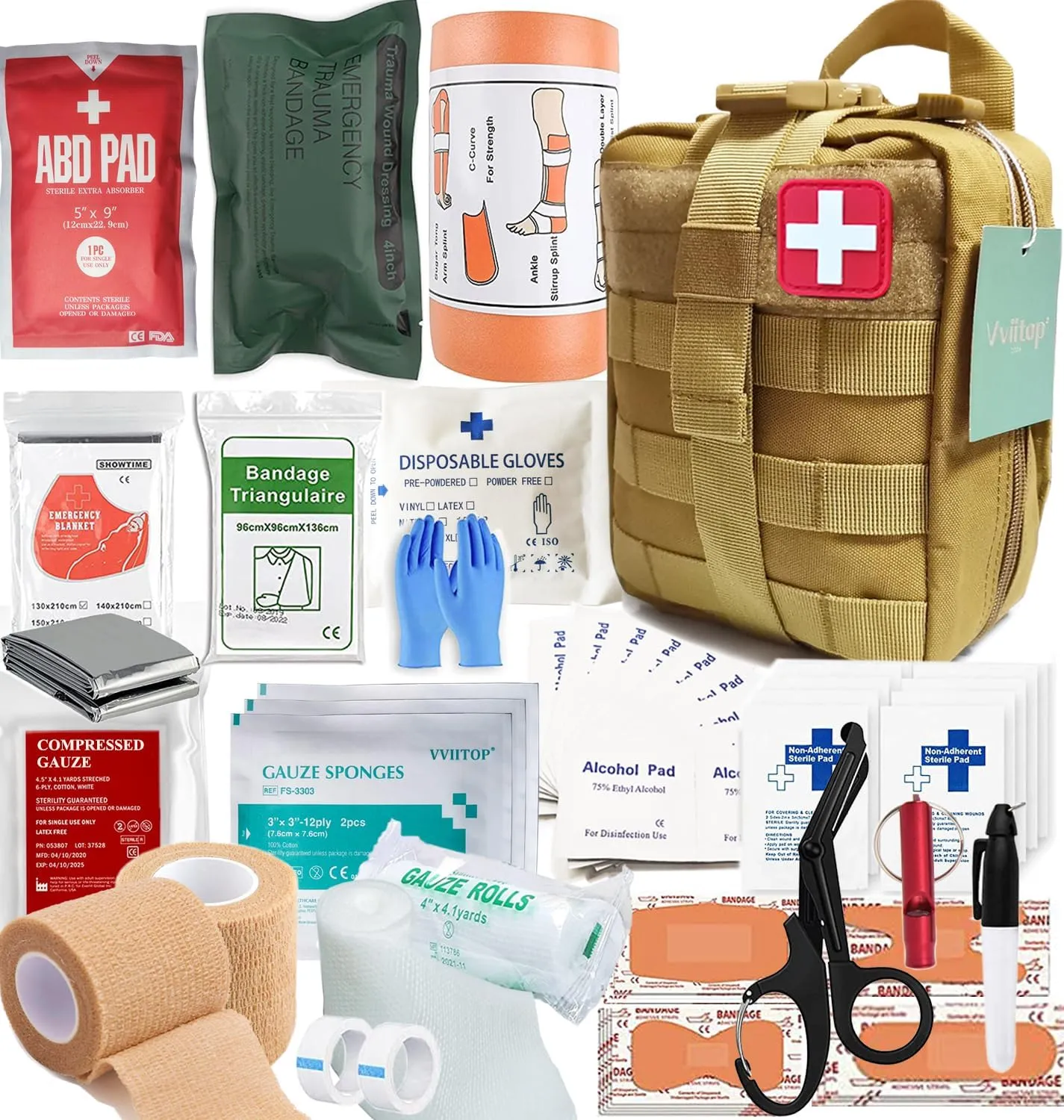 IFAK Kit Trauma Kit Military Medical First Aid Kits Bleeding Contral Emergency Survival Bug Out Bag for Camping Gear Supplies Hiking (Tan)