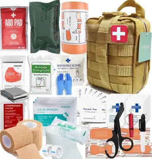 IFAK Kit Trauma Kit Military Medical First Aid Kits Bleeding Contral Emergency Survival Bug Out Bag for Camping Gear Supplies Hiking (Tan)