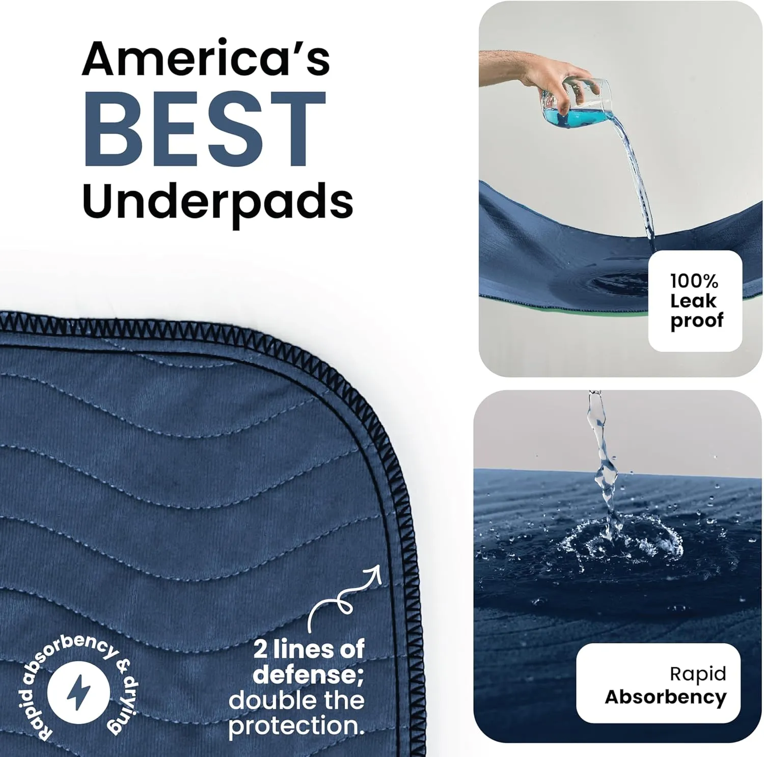 IMPROVIA® Washable Underpads, Heavy Absorbency Reusable Incontinence Pads for Kids, Adults, Elderly, and Pets - Waterproof Protection Floor Navy & Green (4 Pack - 34x36)