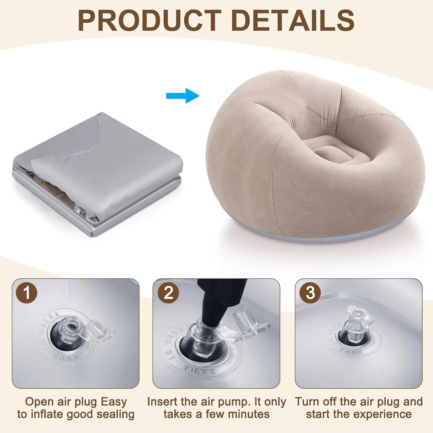 Inflatable Bean Bag Chairs for Adult Blow up Chairs Lazy Sofa Folding Portable Inflatable Chair for Movie Outdoor Room Bedroom Reading Camping(Coffee)