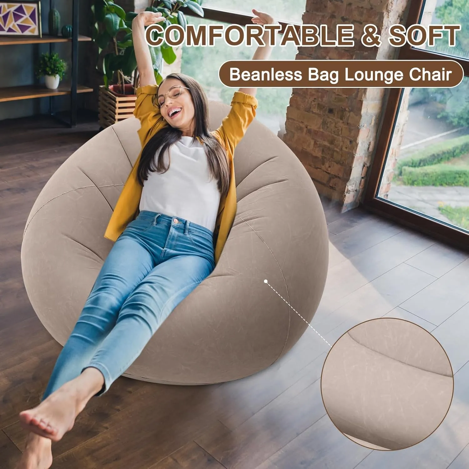 Inflatable Bean Bag Chairs for Adult Blow up Chairs Lazy Sofa Folding Portable Inflatable Chair for Movie Outdoor Room Bedroom Reading Camping(Coffee)