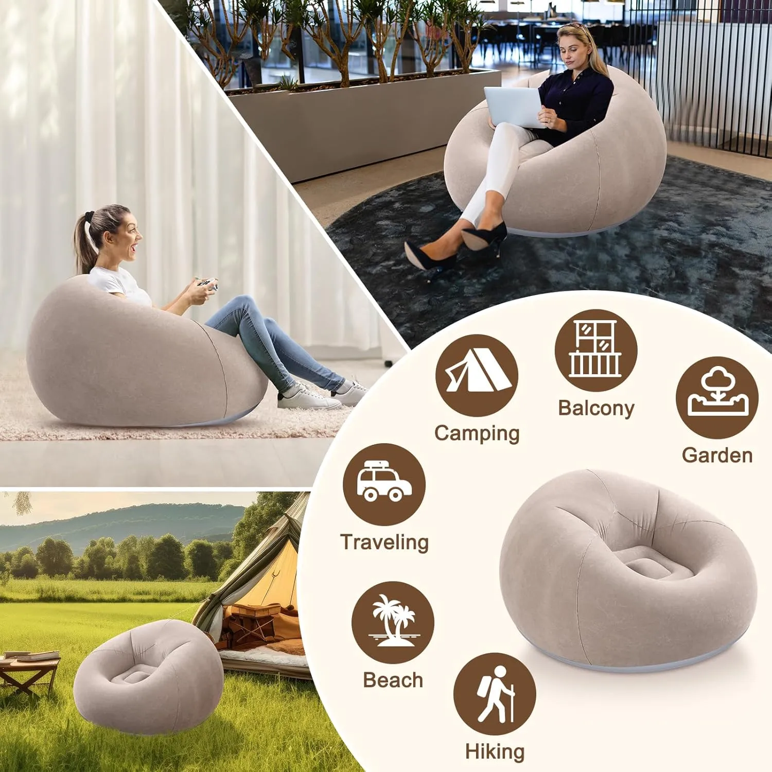 Inflatable Bean Bag Chairs for Adult Blow up Chairs Lazy Sofa Folding Portable Inflatable Chair for Movie Outdoor Room Bedroom Reading Camping(Coffee)