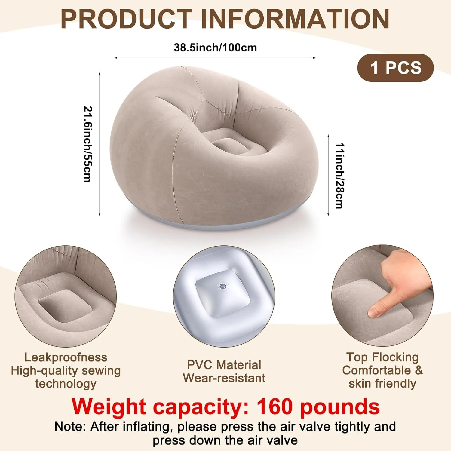 Inflatable Bean Bag Chairs for Adult Blow up Chairs Lazy Sofa Folding Portable Inflatable Chair for Movie Outdoor Room Bedroom Reading Camping(Coffee)