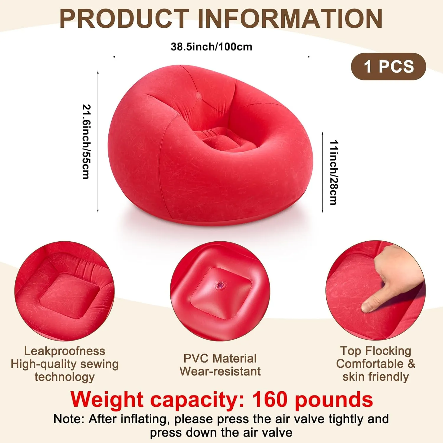Inflatable Bean Bag Chairs for Adult Blow up Chairs Lazy Sofa Folding Portable Inflatable Chair for Movie Outdoor Room Bedroom Reading Camping(Red)