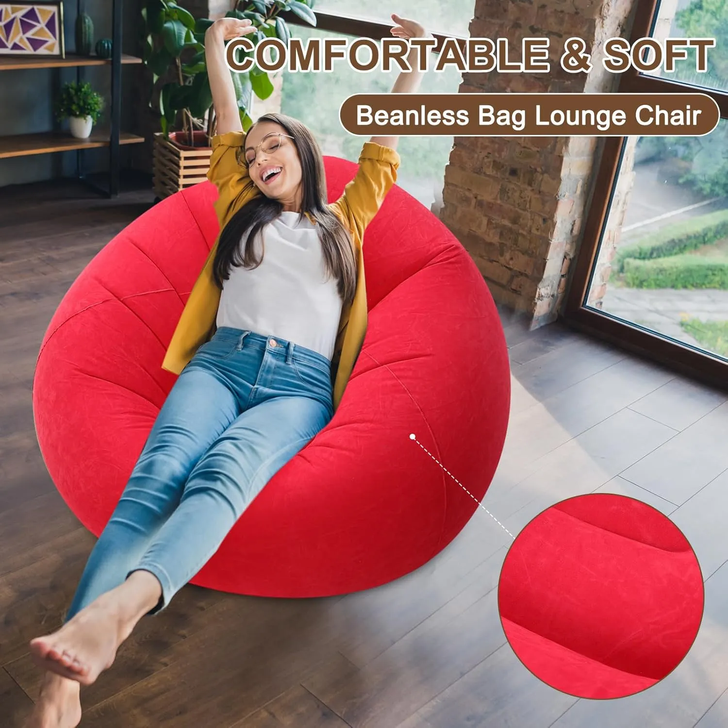 Inflatable Bean Bag Chairs for Adult Blow up Chairs Lazy Sofa Folding Portable Inflatable Chair for Movie Outdoor Room Bedroom Reading Camping(Red)