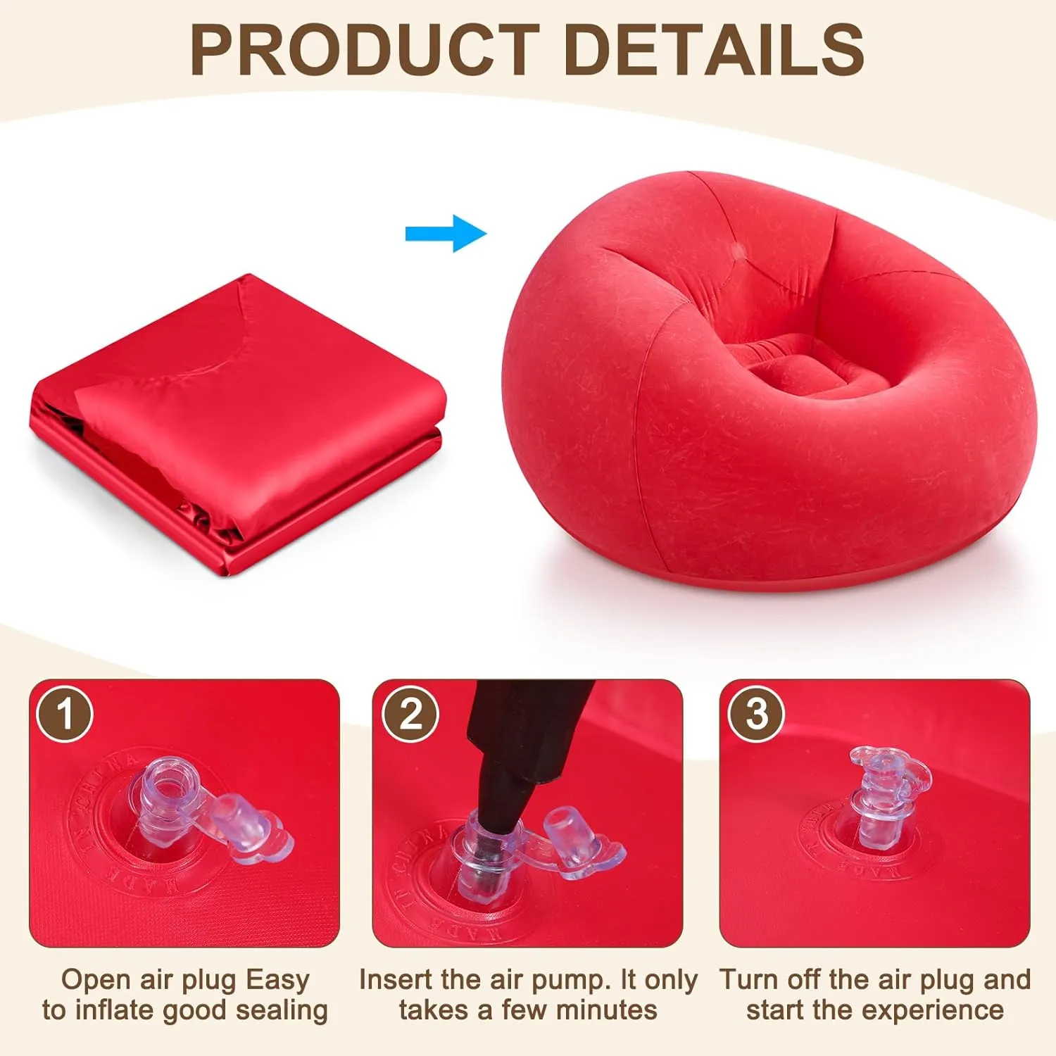 Inflatable Bean Bag Chairs for Adult Blow up Chairs Lazy Sofa Folding Portable Inflatable Chair for Movie Outdoor Room Bedroom Reading Camping(Red)