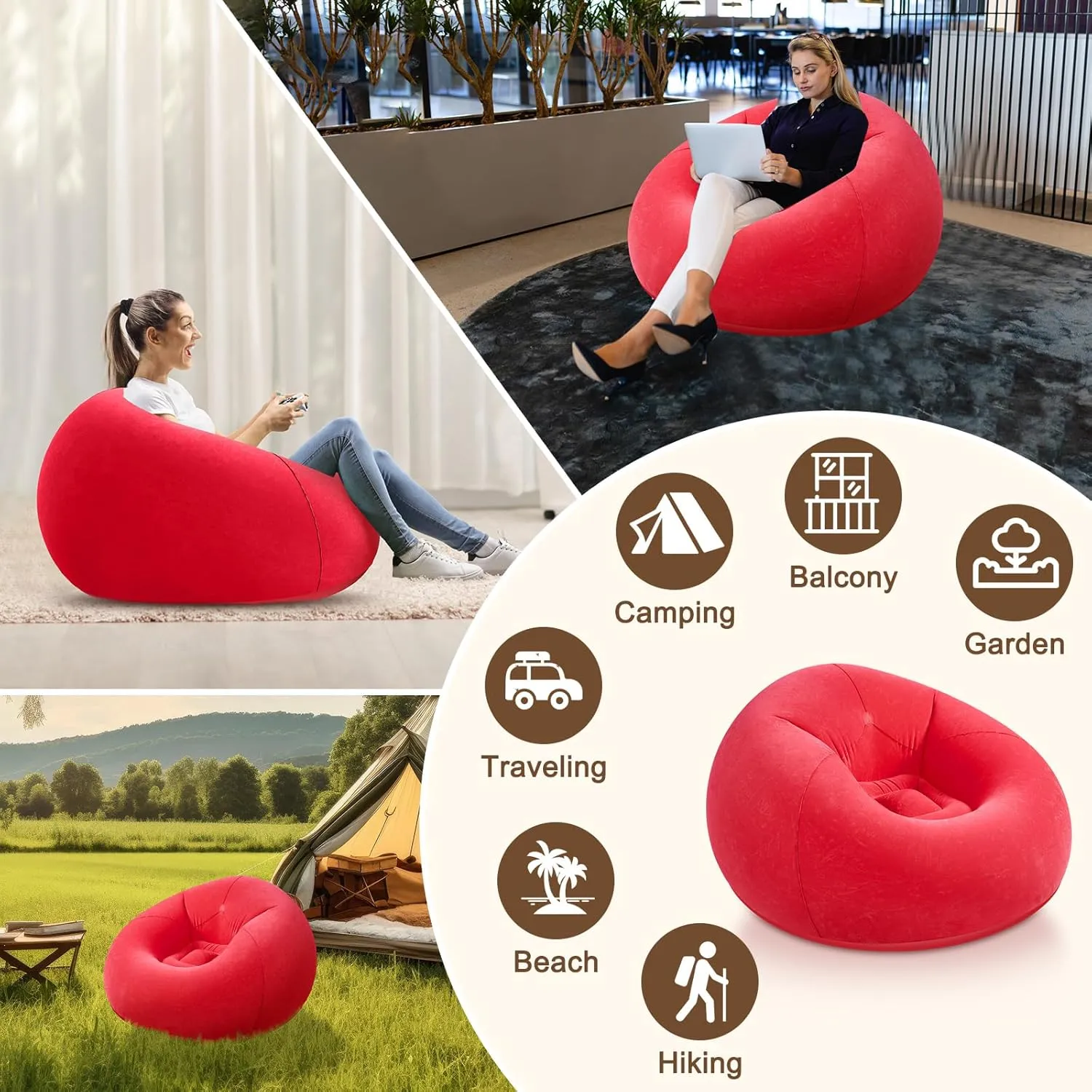 Inflatable Bean Bag Chairs for Adult Blow up Chairs Lazy Sofa Folding Portable Inflatable Chair for Movie Outdoor Room Bedroom Reading Camping(Red)