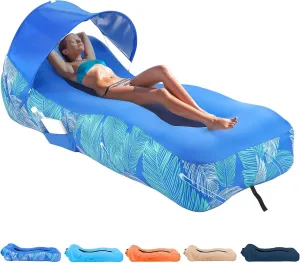 Inflatable Lounger Air Sofa with Unique Sun-Shade Design, Inflatable Beach Bed with Pillow, Waterproof Inflatable Couch Camping Chair Hammock for Hiking Backyard Travel Beach Park Picnics