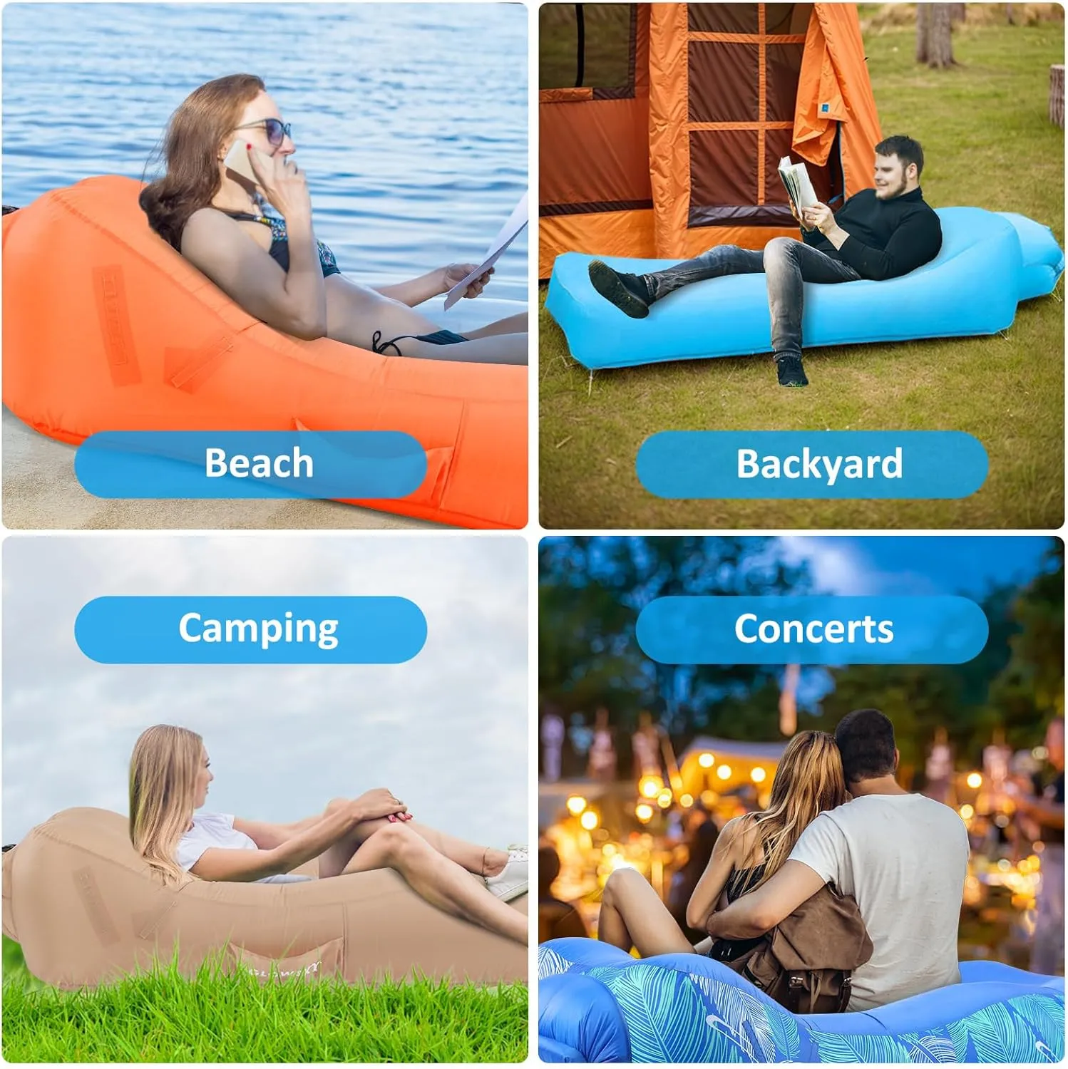 Inflatable Lounger Air Sofa with Unique Sun-Shade Design, Inflatable Beach Bed with Pillow, Waterproof Inflatable Couch Camping Chair Hammock for Hiking Backyard Travel Beach Park Picnics
