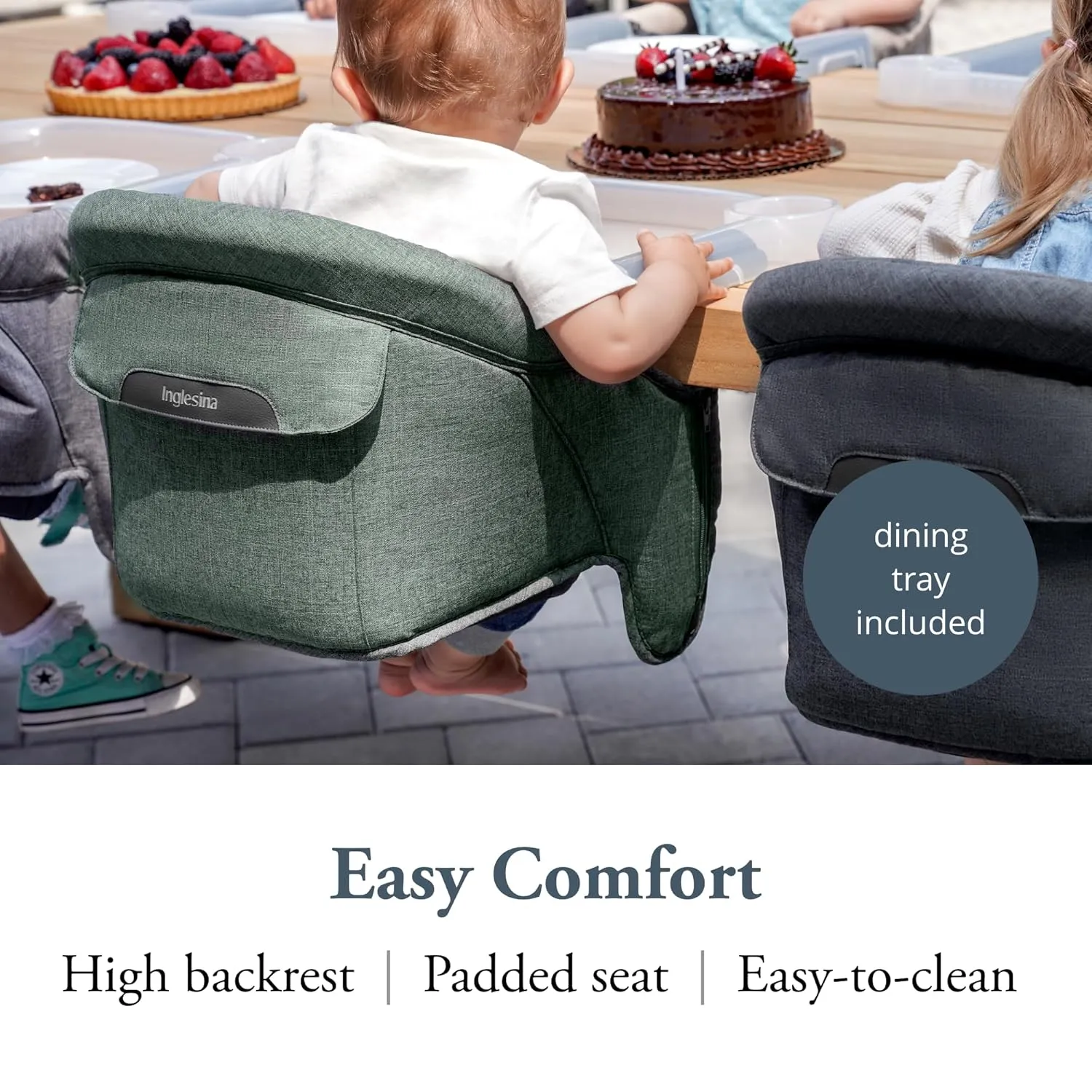 Inglesina Fast Table Chair - Pine Green Melange   Fast Dining Tray - Portable Baby High Chair - for Babies & Toddlers up to 37 lbs - Fits Tables 0.8'' to 3.5'' Thick - Compact - Travel Bag Included