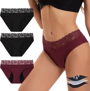 INNERSY Women's Cotton Lace Period Underwear Postpartum Hipster Panties Menstrual Bikini Briefs 3 Pack