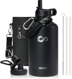 INSPI Insulated Water Bottle 64oz with Straw & 2 Lids, Half Gallon Food-grade Double Wall Vacuum Large Flask Mug with Paracord Handle, Wide Mouth Water Jug for Outdoor Sports, 100% Leak Proof, Black