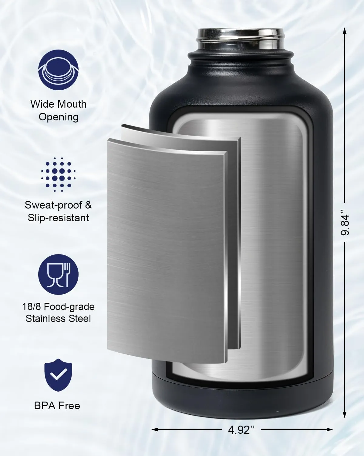 INSPI Insulated Water Bottle 64oz with Straw & 2 Lids, Half Gallon Food-grade Double Wall Vacuum Large Flask Mug with Paracord Handle, Wide Mouth Water Jug for Outdoor Sports, 100% Leak Proof, Black