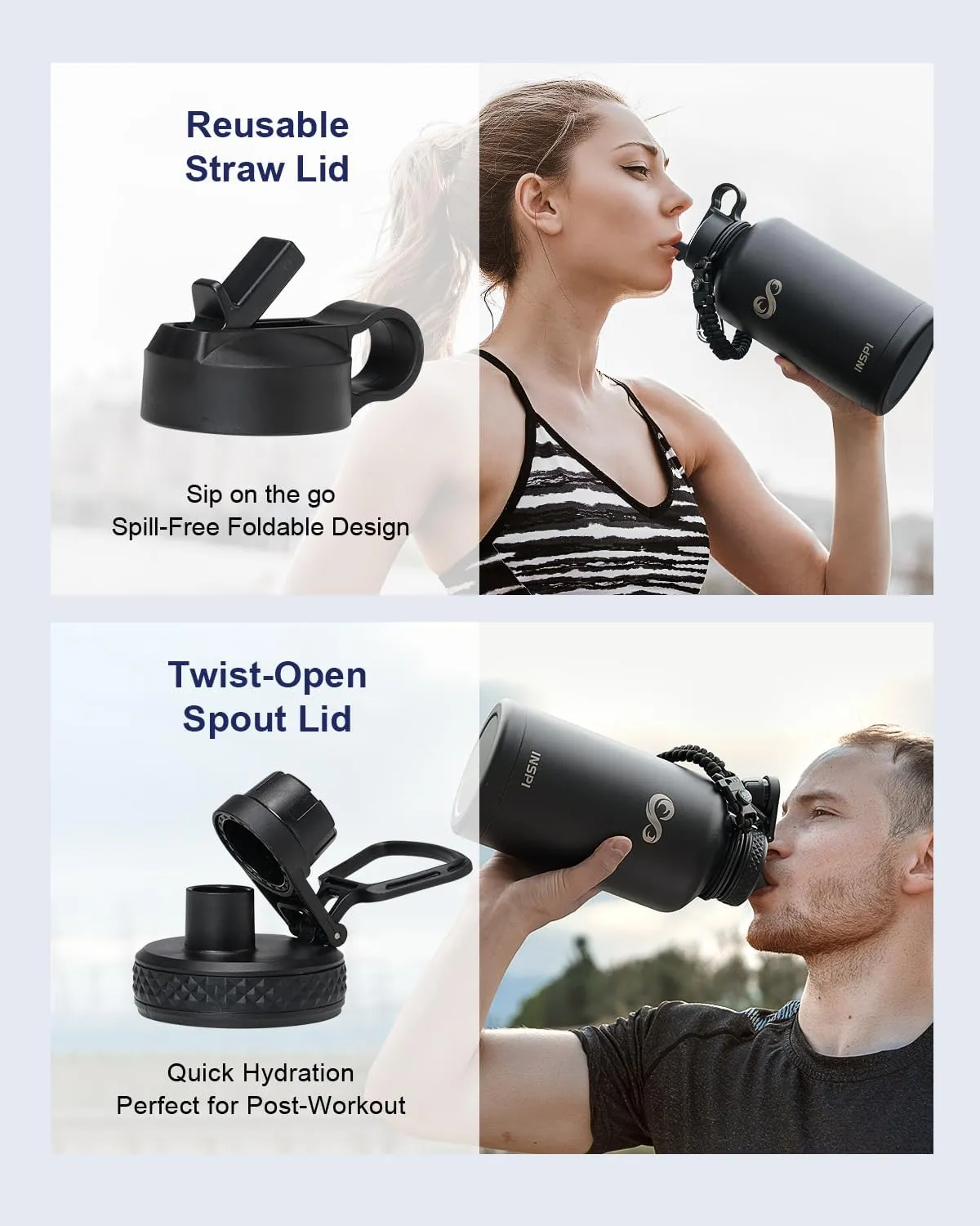 INSPI Insulated Water Bottle 64oz with Straw & 2 Lids, Half Gallon Food-grade Double Wall Vacuum Large Flask Mug with Paracord Handle, Wide Mouth Water Jug for Outdoor Sports, 100% Leak Proof, Black