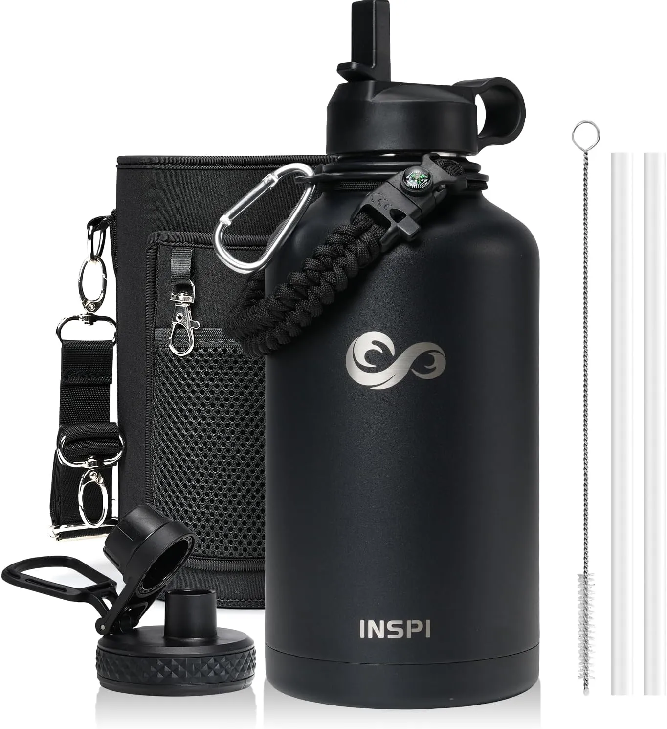 INSPI Insulated Water Bottle 64oz with Straw & 2 Lids, Half Gallon Food-grade Double Wall Vacuum Large Flask Mug with Paracord Handle, Wide Mouth Water Jug for Outdoor Sports, 100% Leak Proof, Black