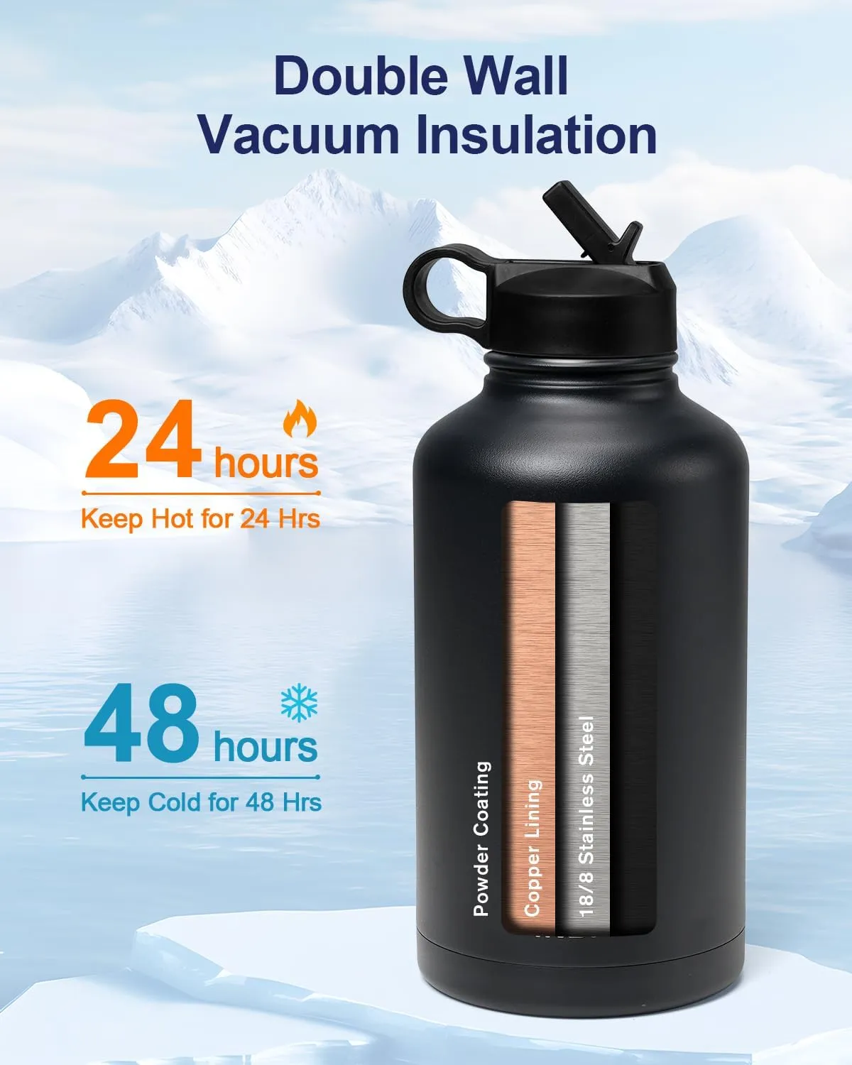 INSPI Insulated Water Bottle 64oz with Straw & 2 Lids, Half Gallon Food-grade Double Wall Vacuum Large Flask Mug with Paracord Handle, Wide Mouth Water Jug for Outdoor Sports, 100% Leak Proof, Black