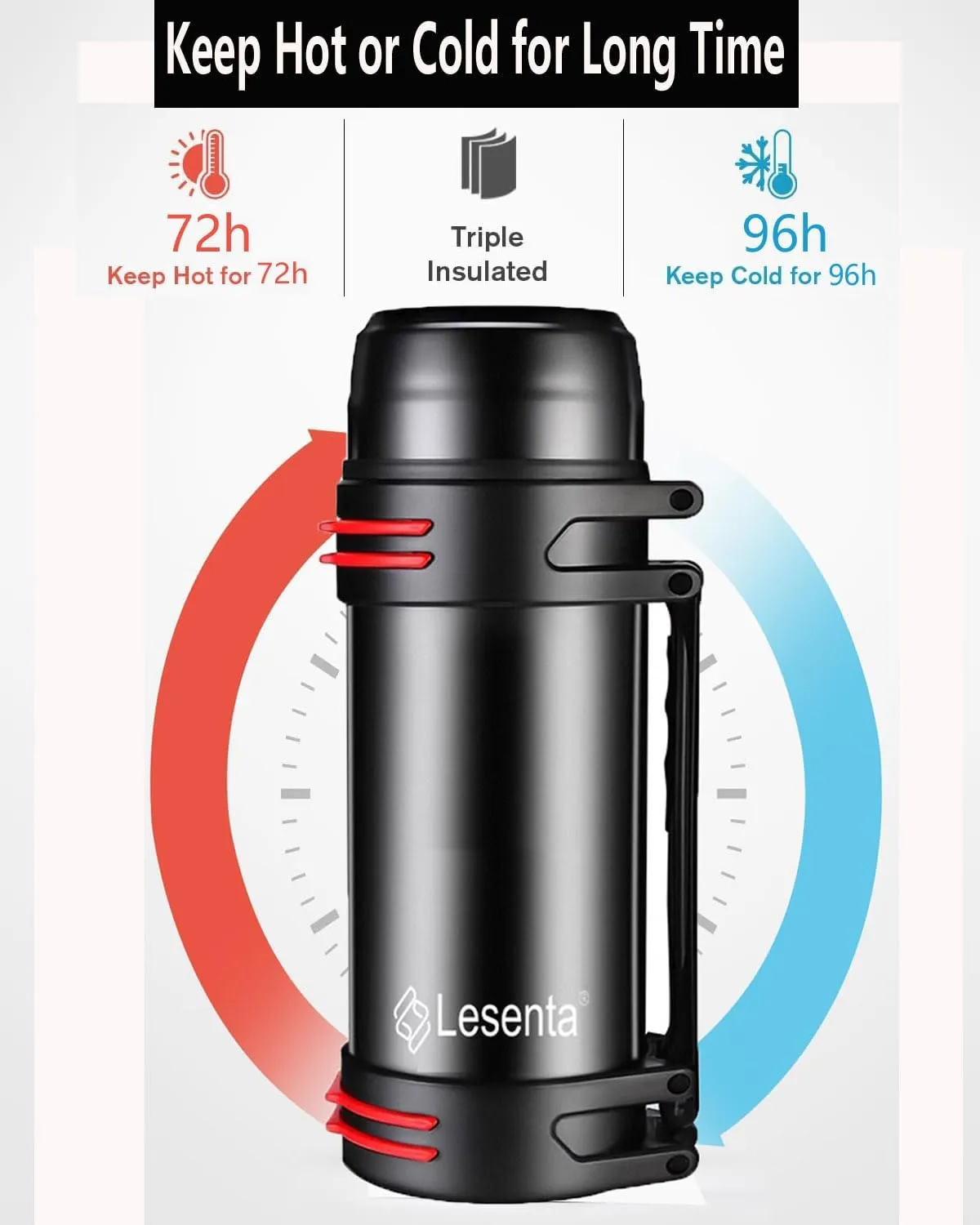 Insulated Thermoses 86oz for Coffee Hot & Cold Drink Stainless Steel Water Bottle with Wide Mouth Spout lid and Adjustable Strap (Black 40.5Ounce)