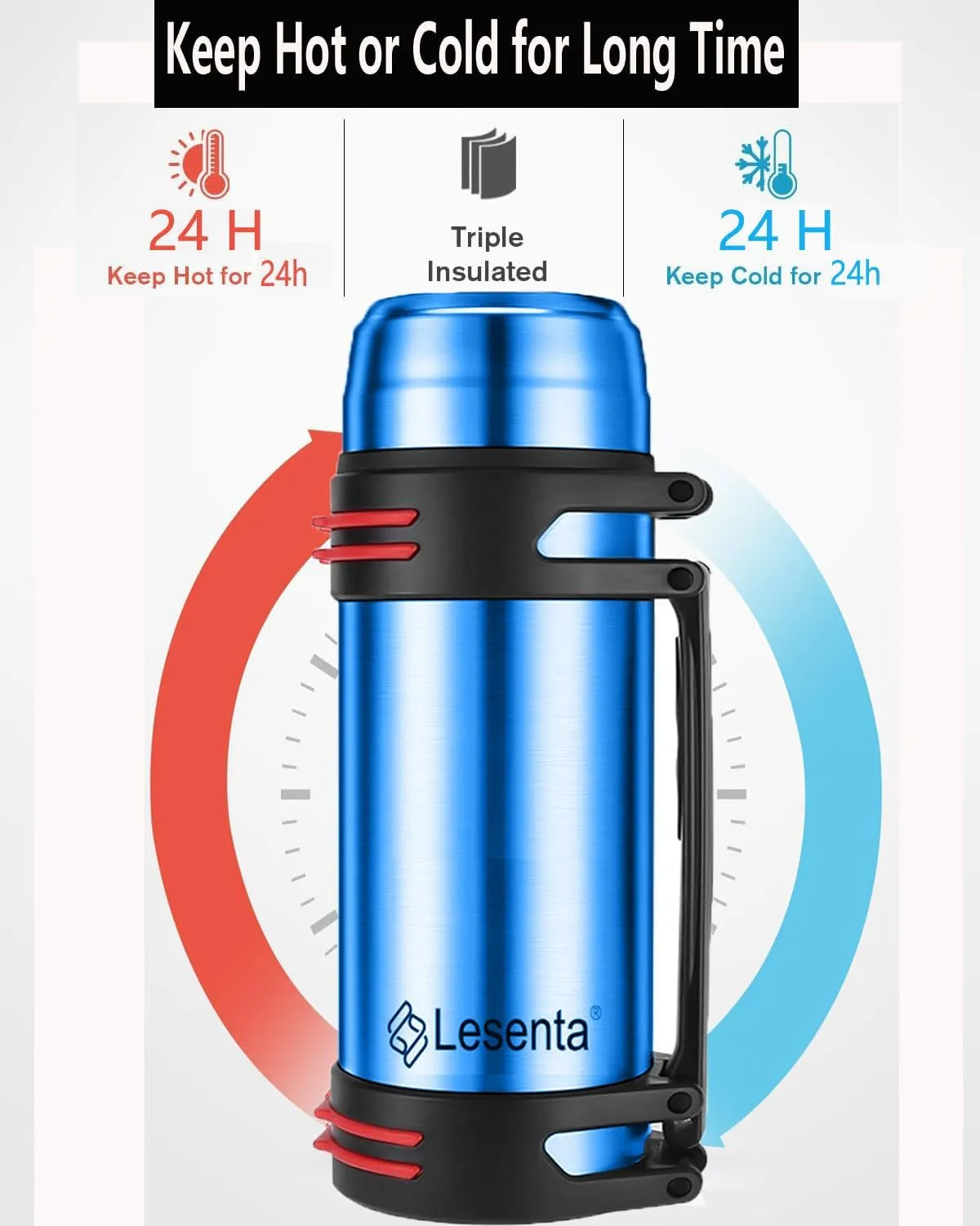 Insulated Thermoses 86oz for Coffee Hot & Cold Drink Stainless Steel Water Bottle with Wide Mouth Spout lid and Adjustable Strap (Blue 40.5oz)