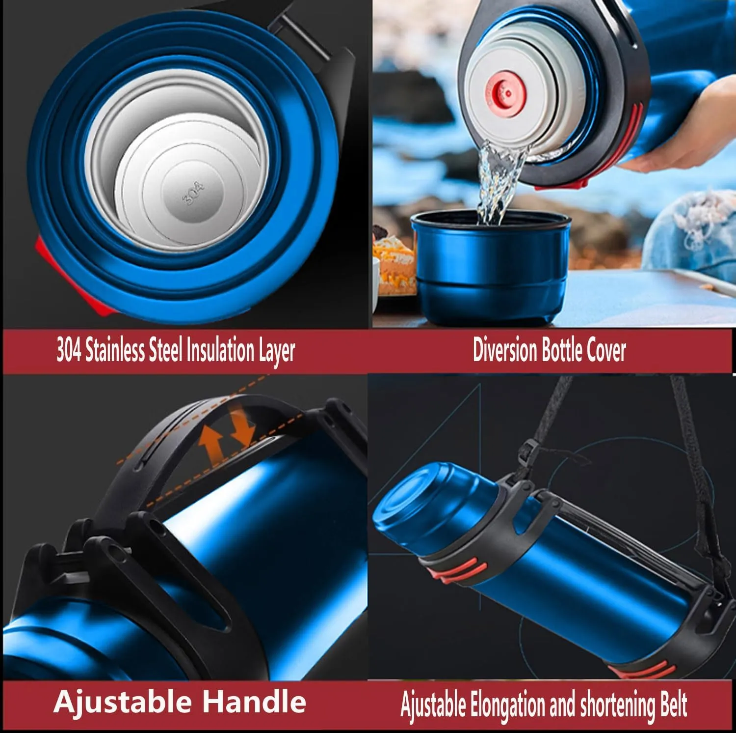 Insulated Thermoses 86oz for Coffee Hot & Cold Drink Stainless Steel Water Bottle with Wide Mouth Spout lid and Adjustable Strap (Blue 40.5oz)