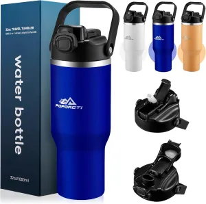 Insulated Tumbler,34 oz Stainless Steel Water Bottle, BPA-Free, Double-Walled Vacuum, Flip Straw for Travel, Keeps Drinks Hot & Cold for 12 Hours,For Travel, Gym & Office (Blue)