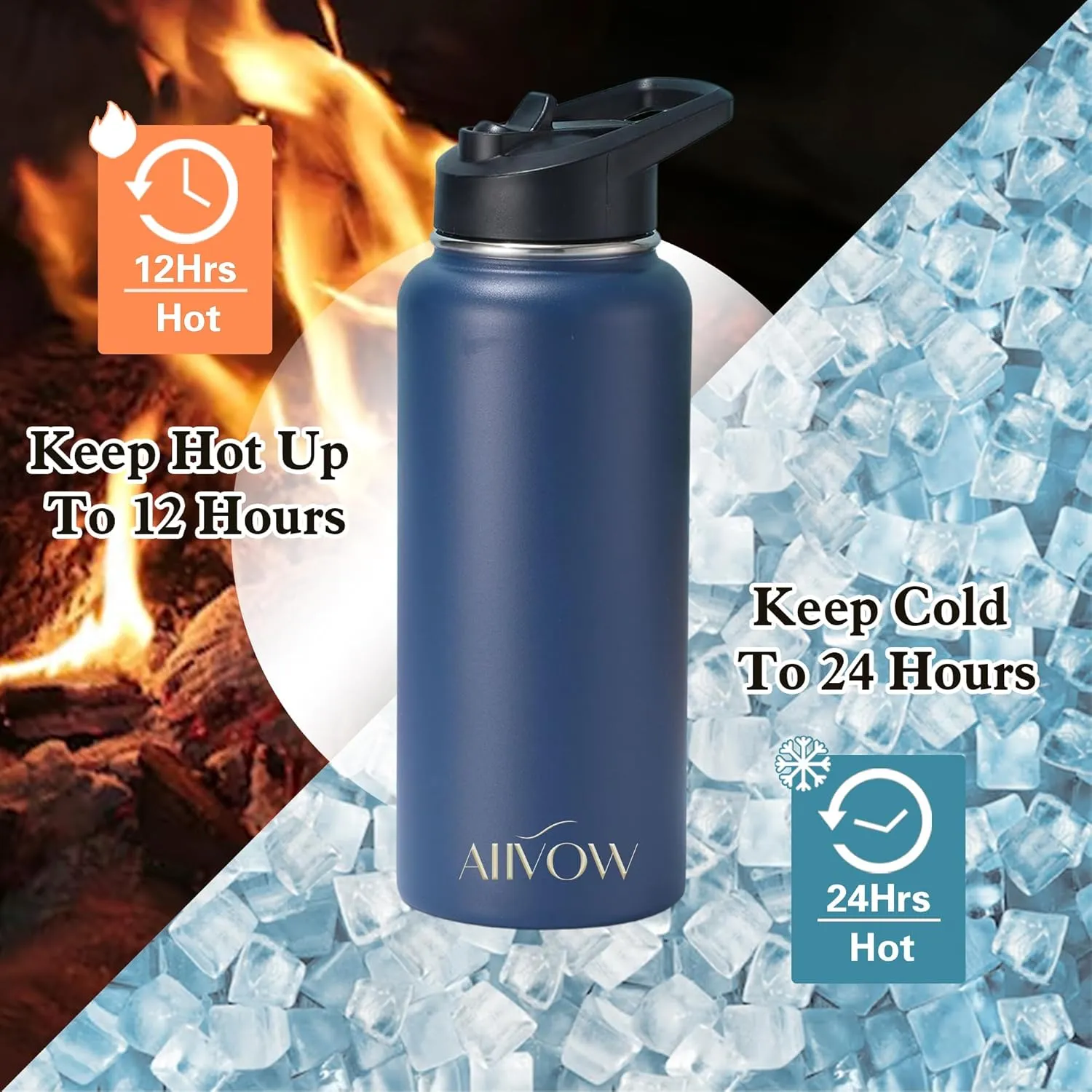 Insulated Water Bottle 32 oz with Straw, Metal Vacuum Stainless Steel Water Flask, Leak Proof & BPA-Free Sports Mens Water Bottle (2 Lids) for Gym,Hiking,Travel, Navy