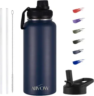 Insulated Water Bottle 32 oz with Straw, Metal Vacuum Stainless Steel Water Flask, Leak Proof & BPA-Free Sports Mens Water Bottle (2 Lids) for Gym,Hiking,Travel, Navy