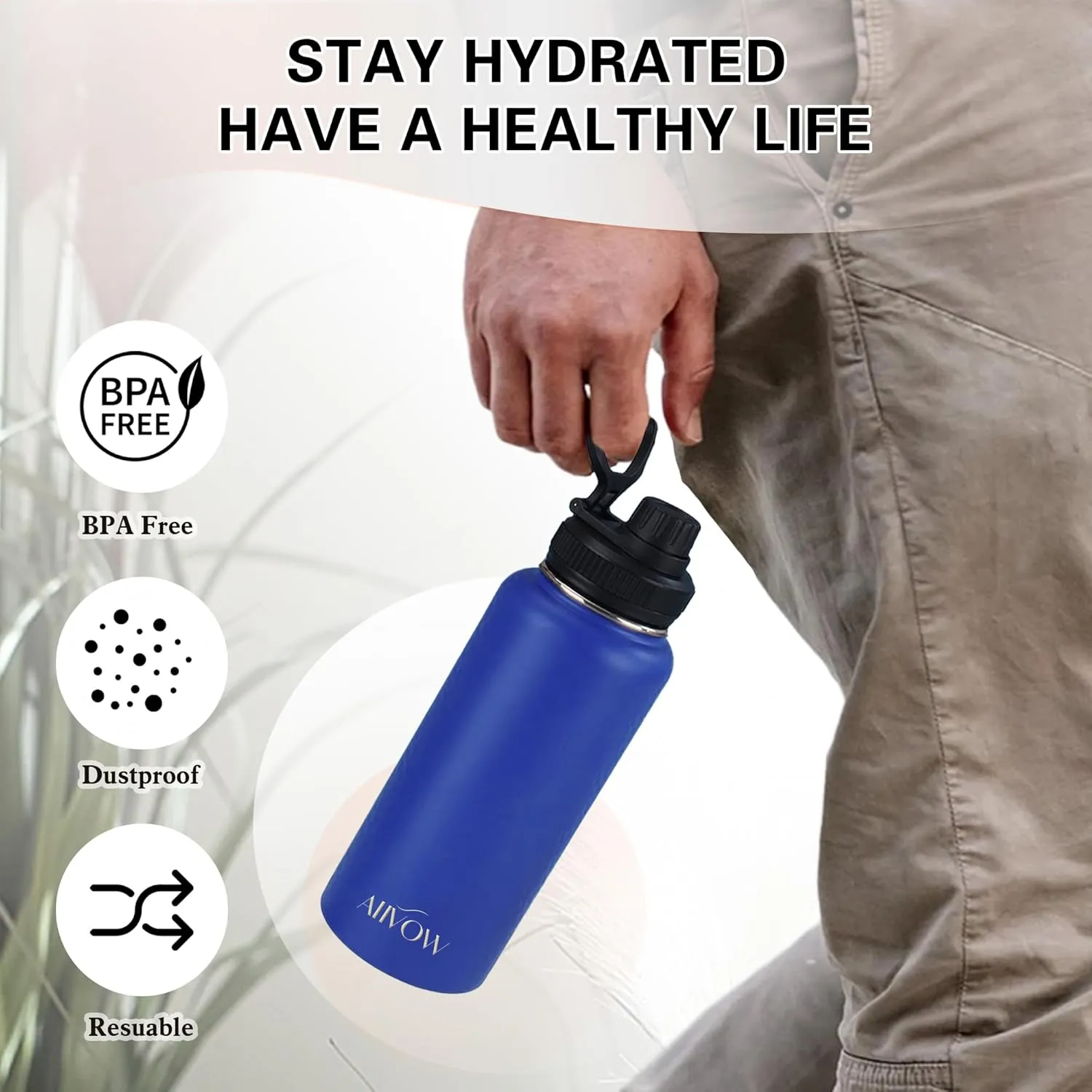 Insulated Water Bottle 32 oz with Straw, Metal Vacuum Stainless Steel Water Flask, Leak Proof & BPA-Free Sports Mens Water Bottle (2 Lids) for Gym,Hiking,Travel, Navy