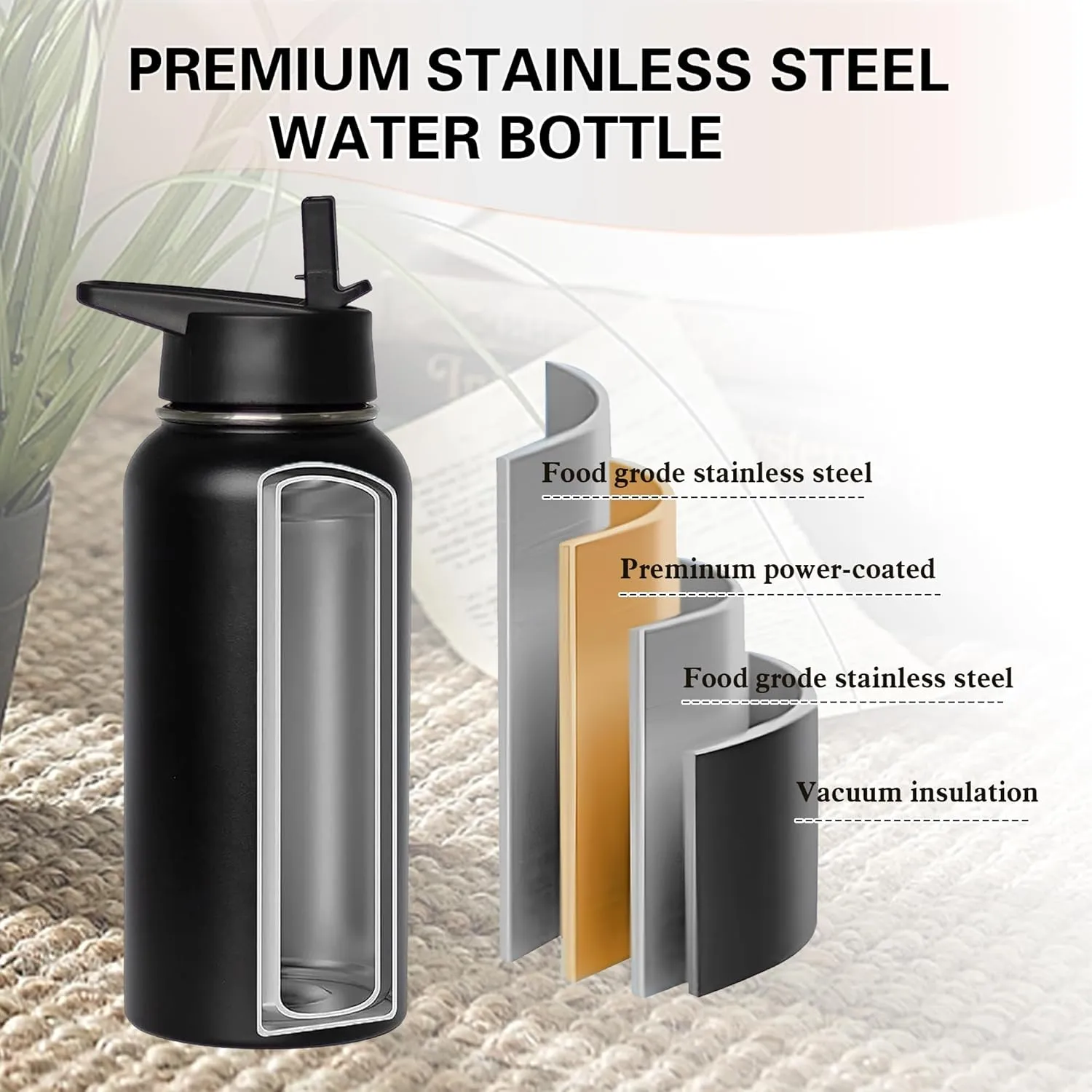 Insulated Water Bottle 32 oz with Straw, Metal Vacuum Stainless Steel Water Flask, Leak Proof & BPA-Free Sports Mens Water Bottle (2 Lids) for Gym,Hiking,Travel, Navy