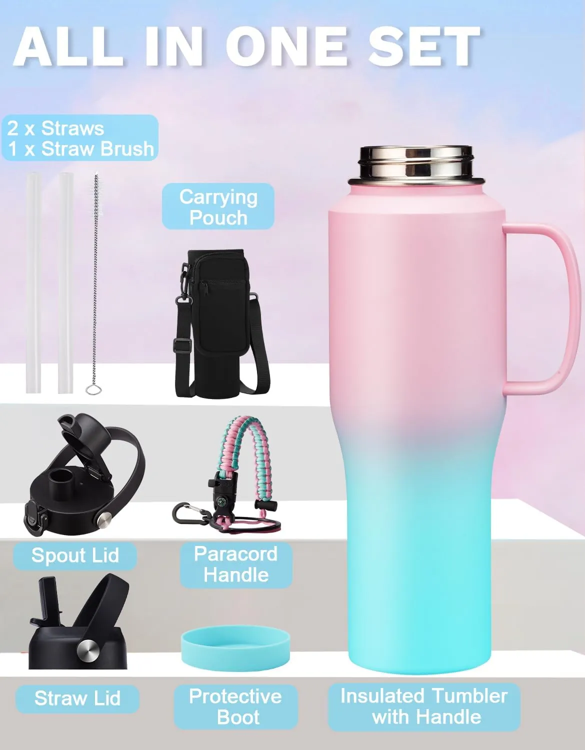 Insulated Water Bottle 32oz Tumbler with Handle and Lid - Water Bottle Stainless Steel with Straw, Keep Cold 48h & Hot 24h, Thermo Flask Coffee Tumbler Travel Mug Fits in Any Cup Holder