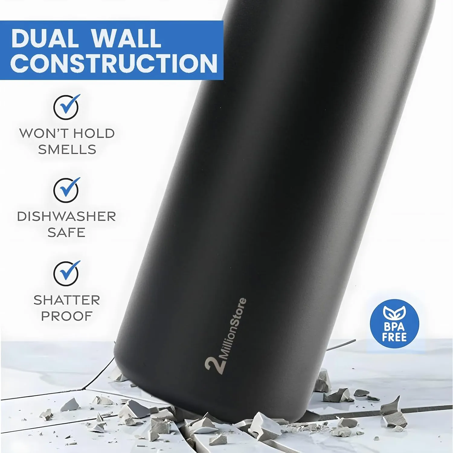 Insulated Water Bottle – Stainless Steel, Leakproof, 24H Cold & 12H Hot, Straw & Spout Lid, BPA-Free, Travel, Gym, Hiking, Sports Flask (Dark Blue, 19 Oz / 560ml)