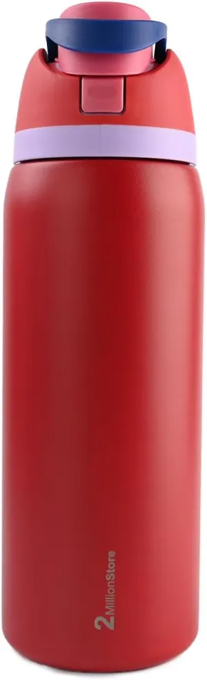 Insulated Water Bottle – Stainless Steel, Leakproof, 24H Cold & 12H Hot, Straw & Spout Lid, BPA-Free, Travel, Gym, Hiking, Sports Flask (Red, 32 Oz / 946ml)