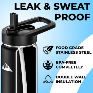 Insulated Water Bottle with Straw and Flip Top Lid, Fits Cup Holder, Double Walled Stainless Steel Vacuum Sealed, Leak and Sweat Proof Black 24oz
