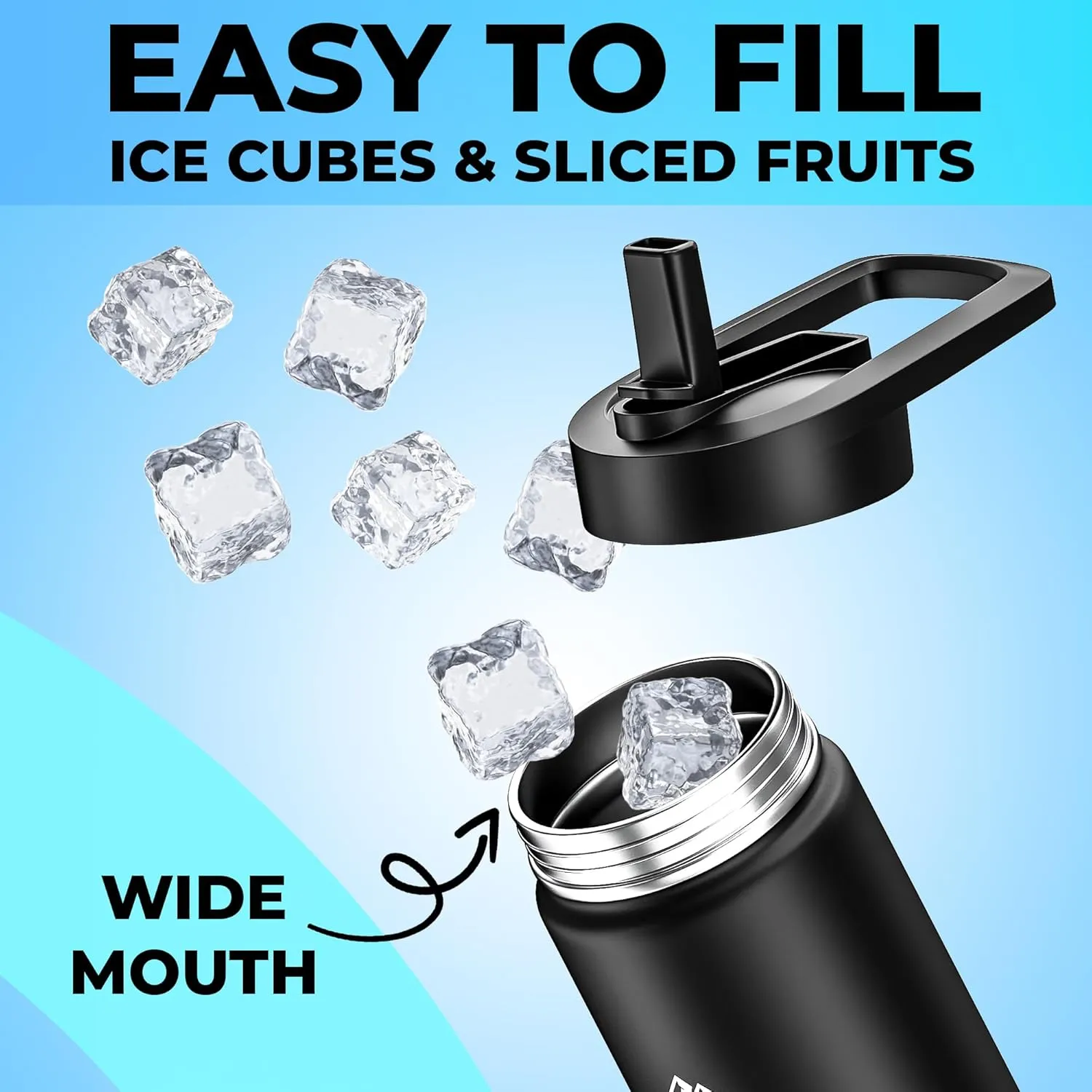 Insulated Water Bottle with Straw and Flip Top Lid, Fits Cup Holder, Double Walled Stainless Steel Vacuum Sealed, Leak and Sweat Proof Black 24oz