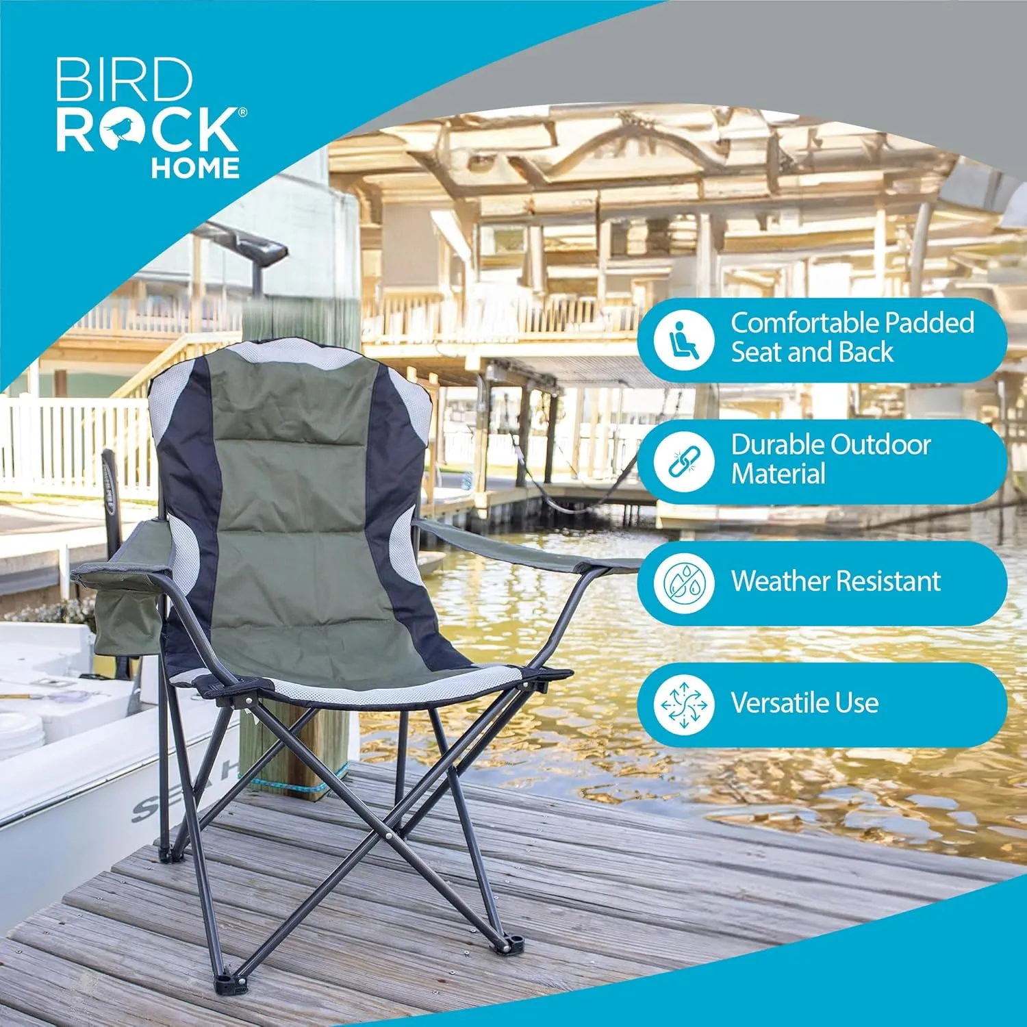 Internet's Best Padded Camping Folding Chair - Comfortable Outdoor Sports Chairs w/Cup Holder, Portable Carry Bag - for Beach, Park, Soccer, Baseball, Softball, Picnic, Adults - Green 1 - Pack