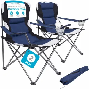 Internet's Best Padded Camping Folding Chair - Comfortable Outdoor Sports Chairs w/Cup Holder, Portable Carry Bag - for Beach, Park, Soccer, Baseball, Softball, Picnic, Adults - Navy Blue 2 - Pack