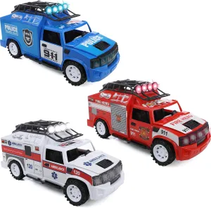 IQ Toys Fire Truck Police Car Ambulance - Set of 3 Emergency Rescue Vehicles Playset with Lights and Sirens