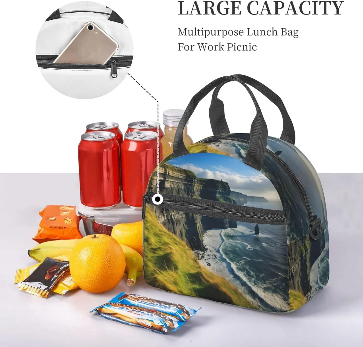 Ireland Outdoors County Clare The Cliffs Insulated Lunch Bag For Women/Men Adjustable Shoulder Strap,Leakproof,Tote Bag For Office Work