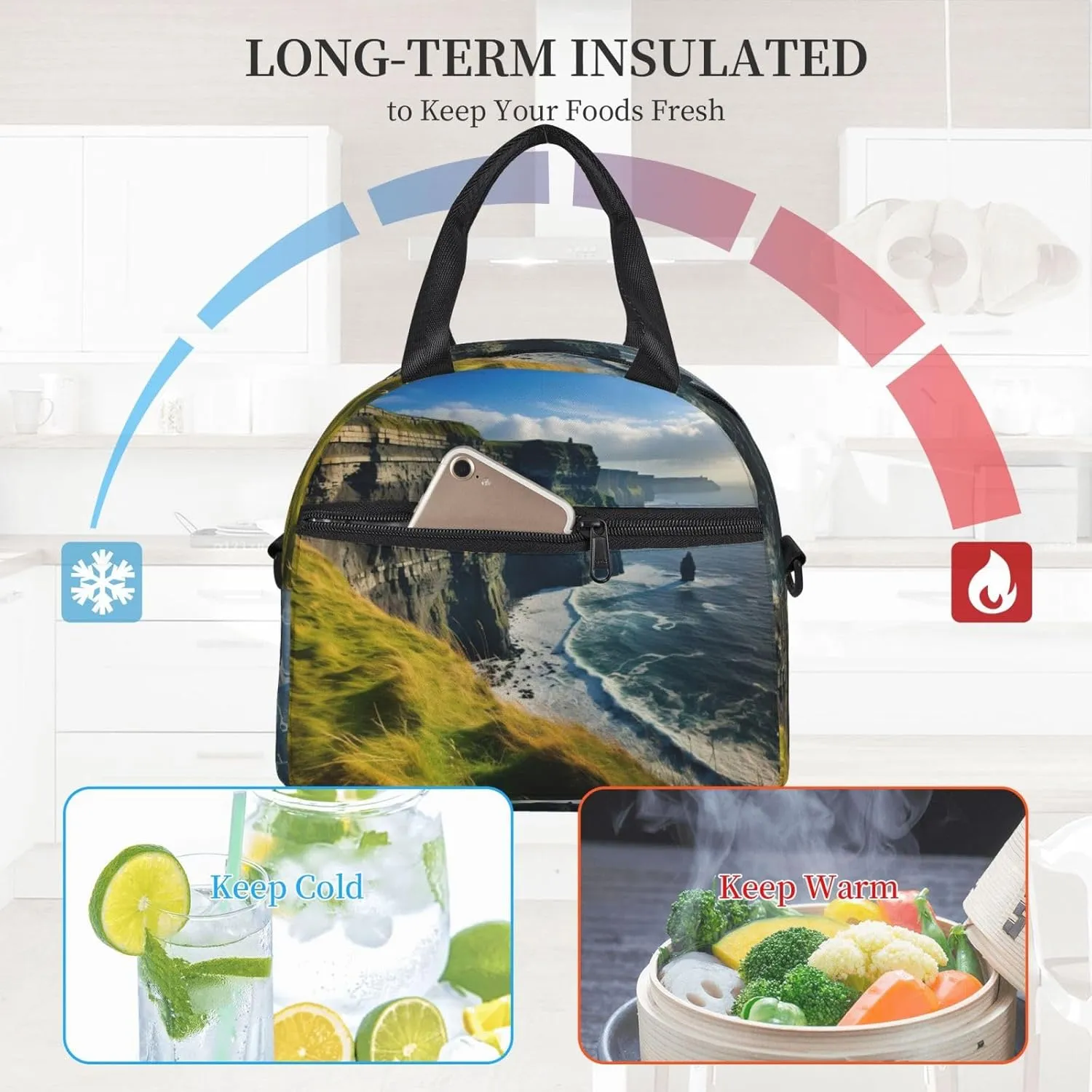 Ireland Outdoors County Clare The Cliffs Insulated Lunch Bag For Women/Men Adjustable Shoulder Strap,Leakproof,Tote Bag For Office Work