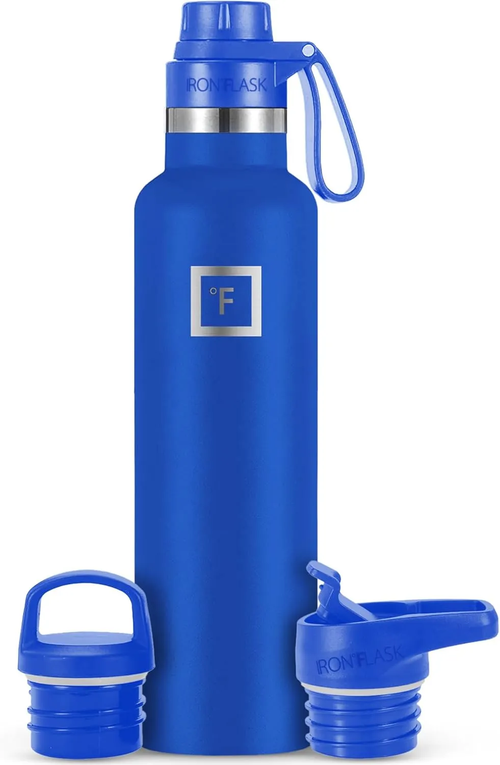 IRON °FLASK Camping & Hiking Hydration Canteens - 3 Lids (Narrow Spout Lid) Leak Proof Vacuum Insulated Stainless Steel - Hot & Cold Double Walled Sports Water Bottle - Cobalt, 24 Oz