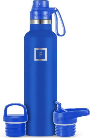 IRON °FLASK Camping & Hiking Hydration Canteens - 3 Lids (Narrow Spout Lid) Leak Proof Vacuum Insulated Stainless Steel - Hot & Cold Double Walled Sports Water Bottle - Cobalt, 24 Oz