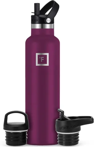 IRON °FLASK Camping & Hiking Hydration Canteens - 3 Lids (Narrow Straw Lid) Leak Proof Vacuum Insulated Stainless Steel - Hot & Cold Double Walled Sports Water Bottle - Burgundy, 24 Oz
