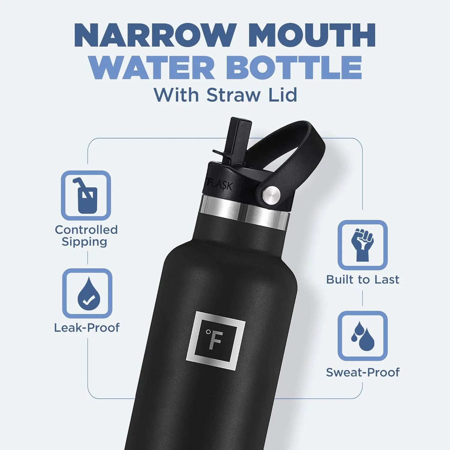 IRON °FLASK Camping & Hiking Hydration Canteens - 3 Lids (Narrow Straw Lid) Leak Proof Vacuum Insulated Stainless Steel - Hot & Cold Double Walled Sports Water Bottle - Dark Night, 24 Oz