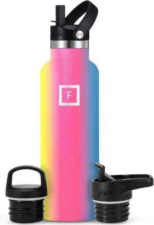 IRON °FLASK Camping & Hiking Hydration Canteens - 3 Lids (Narrow Straw Lid) Leak Proof Vacuum Insulated Stainless Steel - Hot & Cold Double Walled Sports Water Bottle - Rainbow, 20 Oz